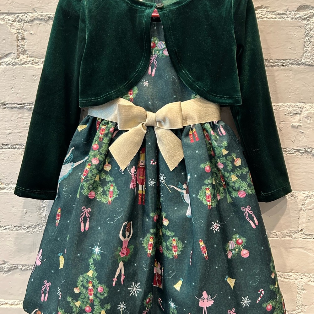 Bonnie Jean Green Holiday Dress with Gold Bow